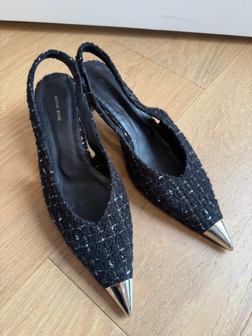 Anine Bing Black Tweed Slingback Flats with Silver Cap Toe sz37